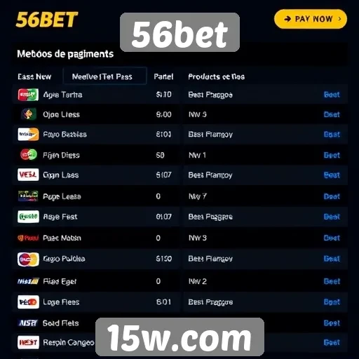 Métodos de pagamento disponíveis no 56bet